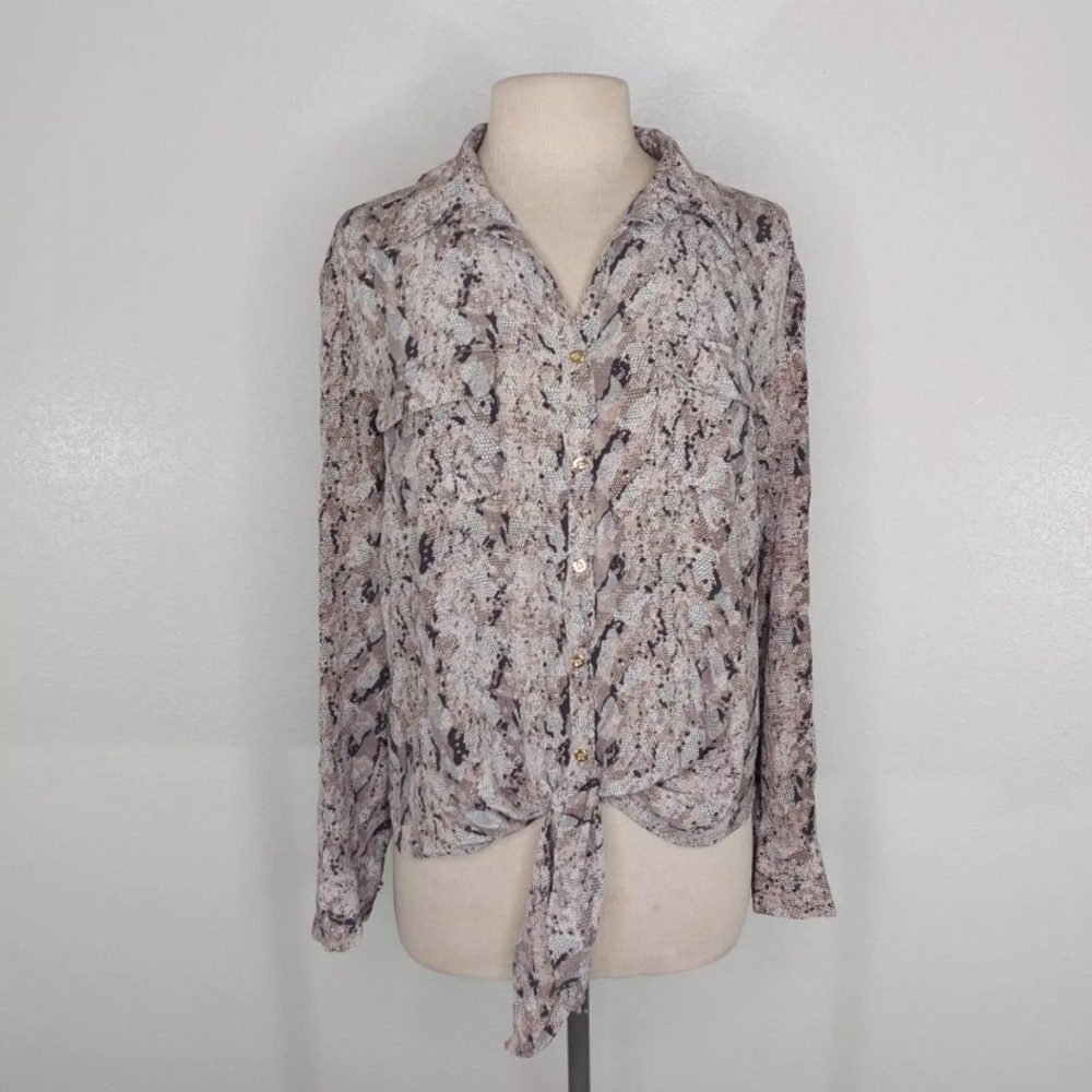 Antonio Melani Womens Small Pilar Silk Animal Print Long Sleeve Blouse Tie-Front